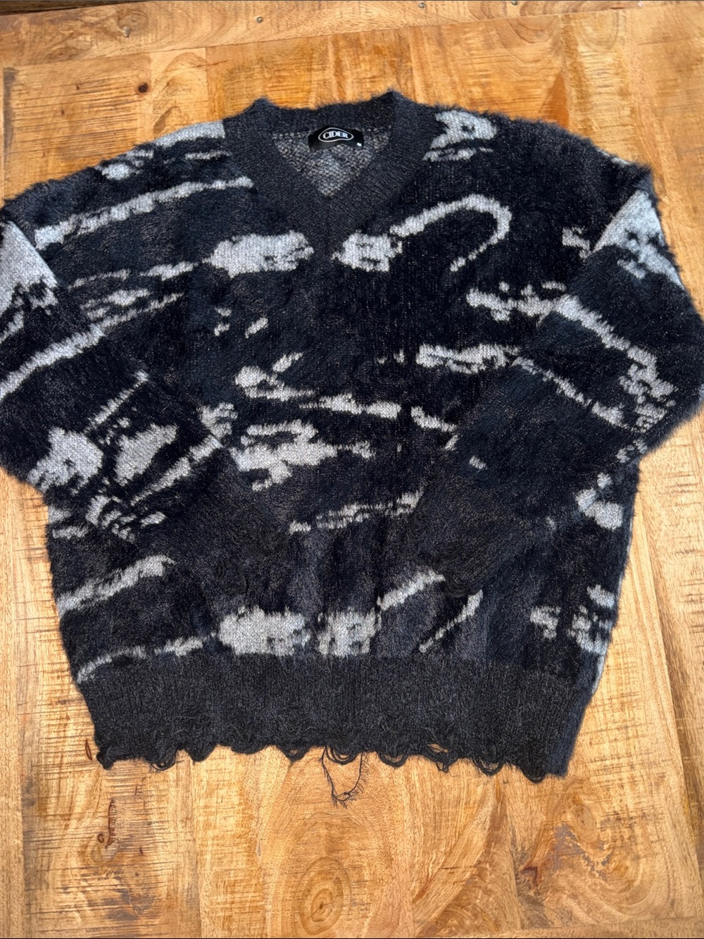 Cider Black and Gray Fuzzy V-Neck Sweater